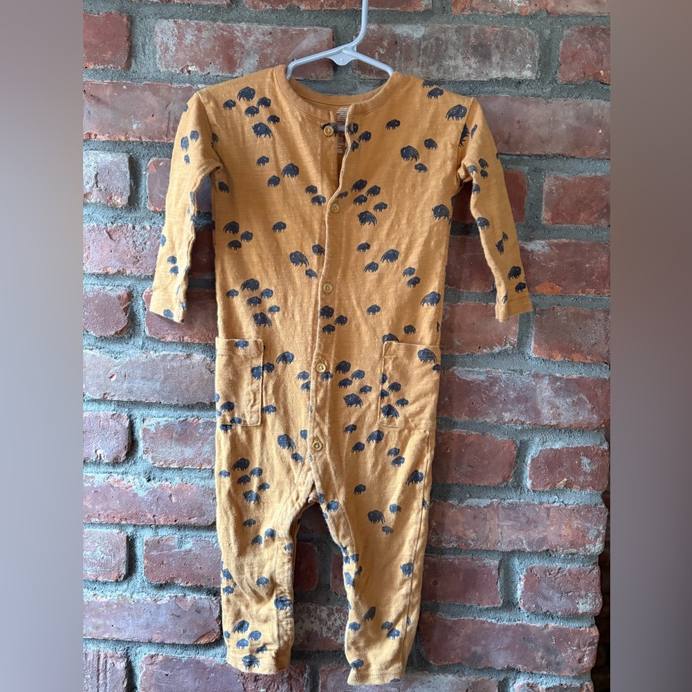 Long-Sleeve One-Piece Romper in Mustard with Buffalo Print